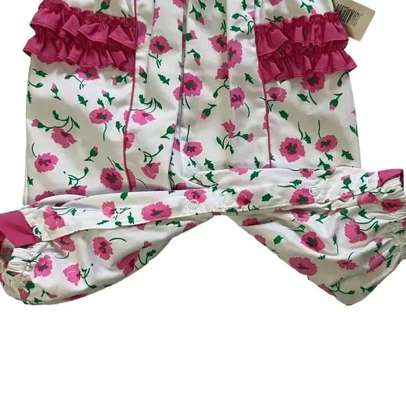 Vintage 80s Baby Pink, White, & Green Floral Collared Romper Size 6-9 Months